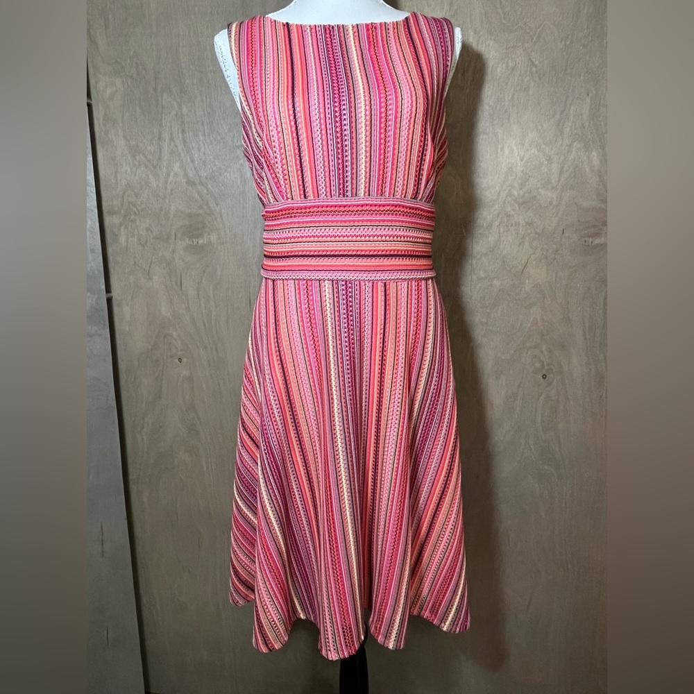 Gabby Skye Orange Pink Red Crochet Stripe Sleeveless Knee Length Lined Dress 8